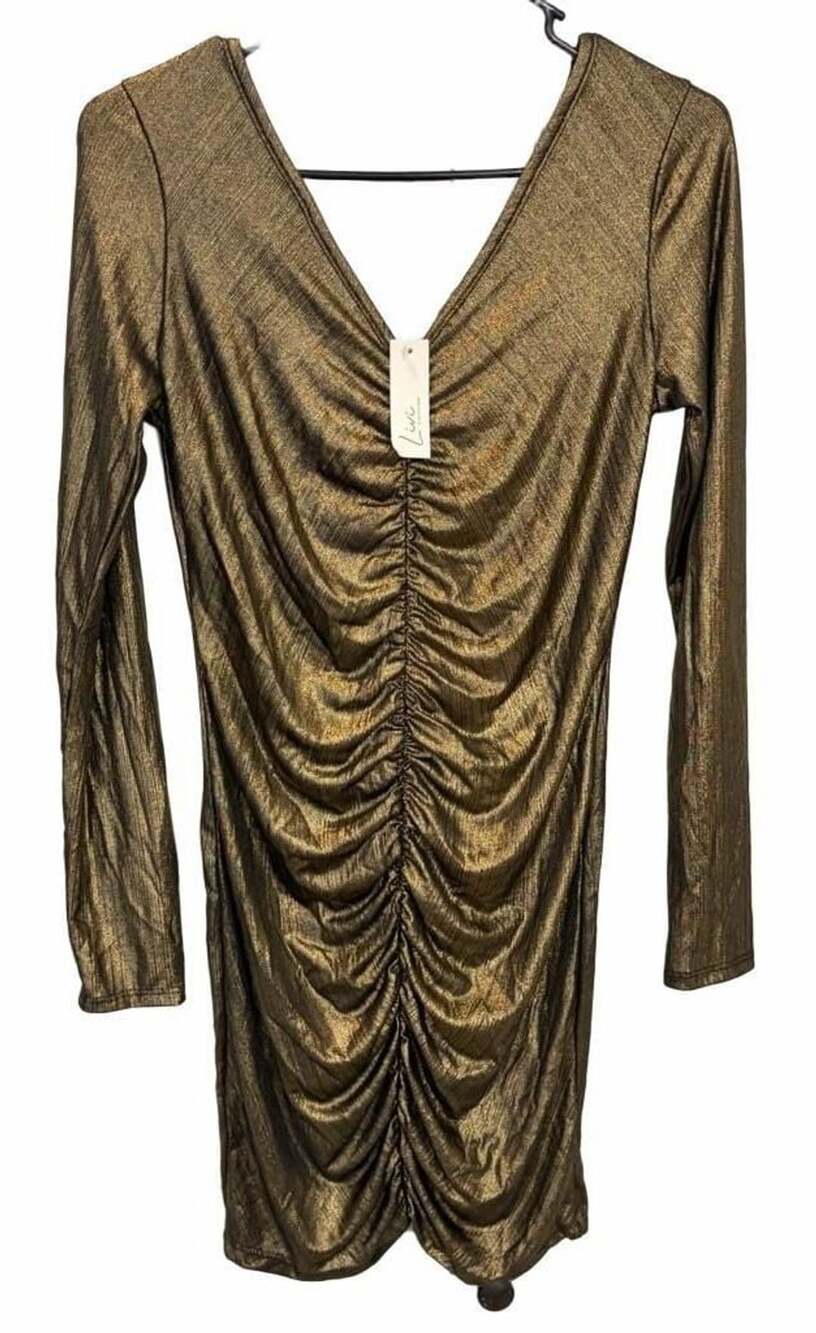 Livi by Olivia Rae Gold Metallic Long-Sleeve V-Neck Ruched Bodycon Dress M